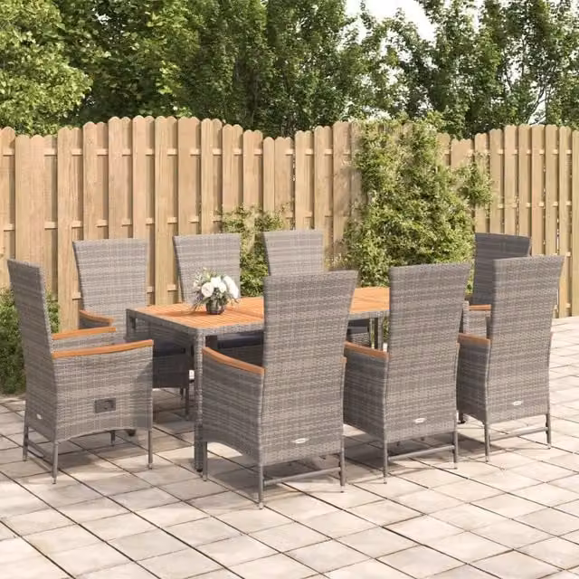 Set da pranzo da giardino vidaXL in legno di acacia oliato e polyrattan grigio, 9 pezzi