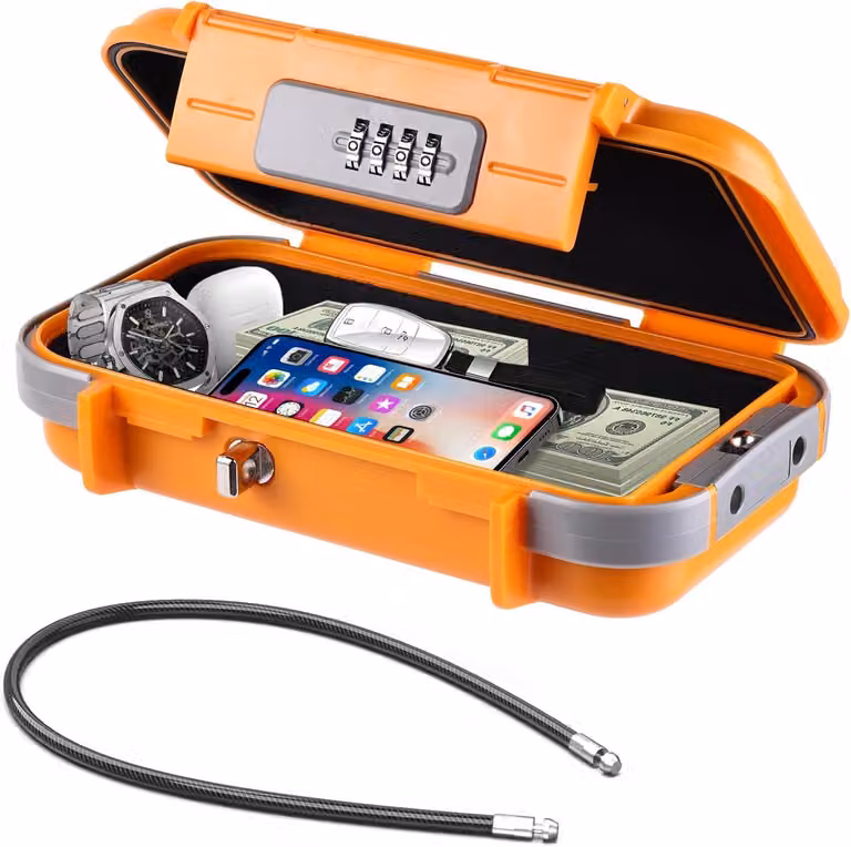 Cassaforte da viaggio, portatile, con combinazione numerica, impermeabile, di colore arancione, ideale per la spiaggia