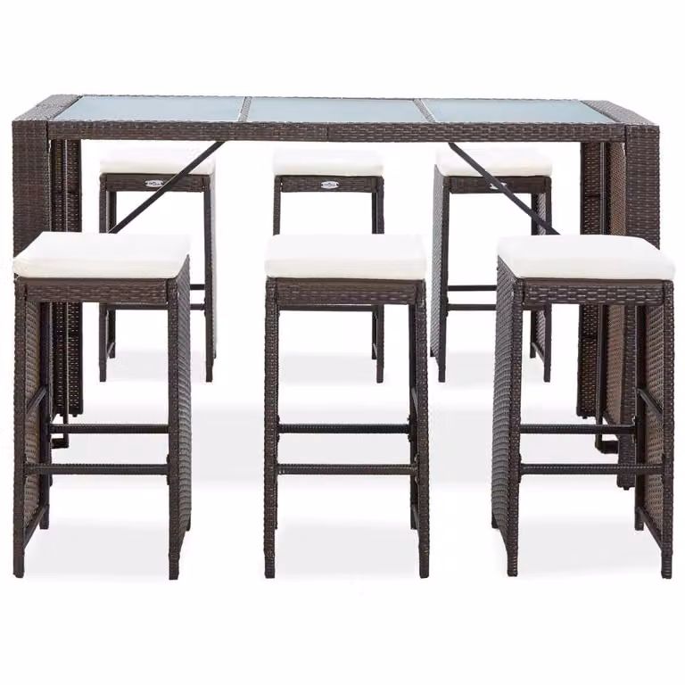 Set da Bar da Giardino 7 pz con Cuscini in Polyrattan Marrone