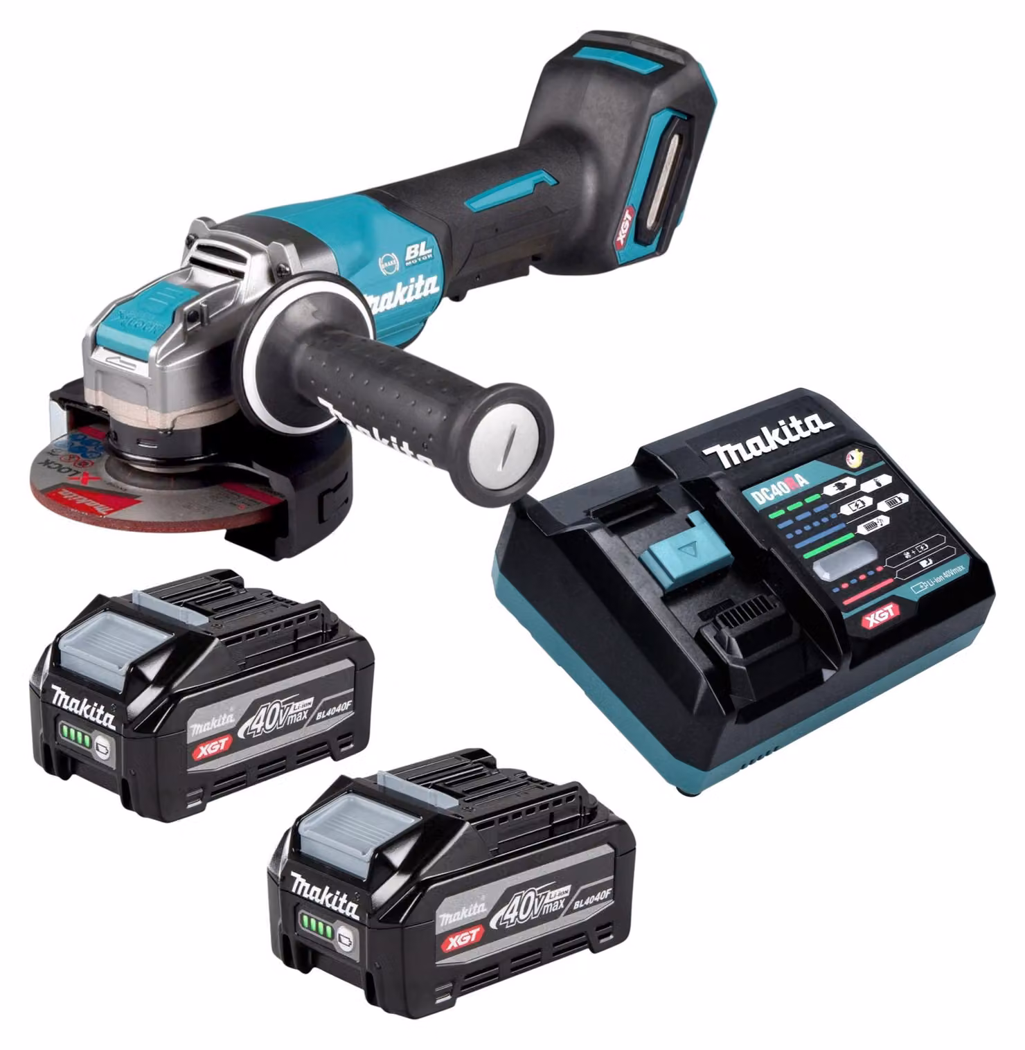 Smerigliatrice angolare a batteria Makita GA 047 GU201 40 V max. 125 mm X-LOCK Brushless + 2 batterie da 4,0 Ah + caricabatterie