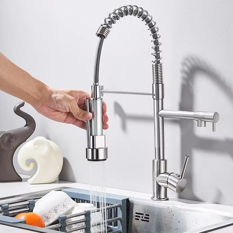 Rubinetto da cucina - Doccetta estraibile - Bocca orientabile a 360° - Monocomando, 1 foro - Ottone, cartuccia in Vetroceramica - Montaggio a filo - Nichel spazzolato