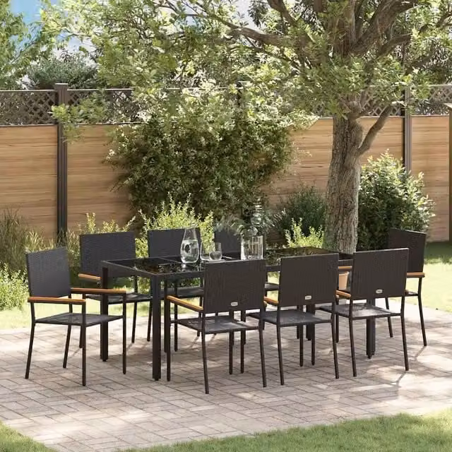 Set da Pranzo per Giardino 9 pz Nero polyrattan 3365399