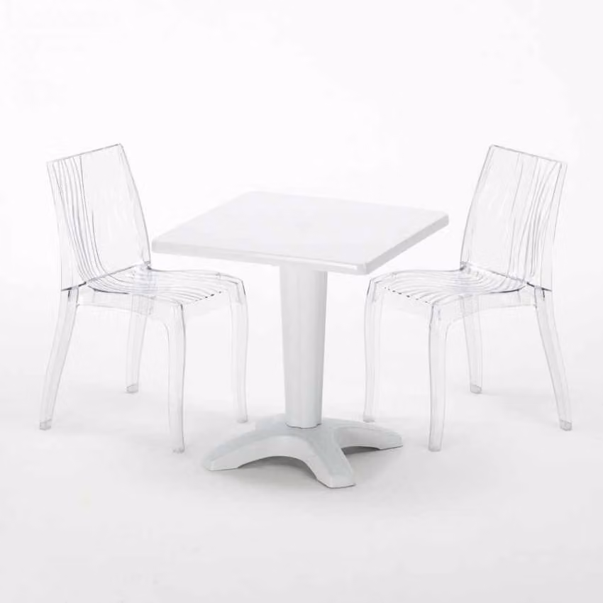 Tavolo quadrato bianco e 2 sedie Set di bastoni per interni in polipropilene colorato Terrazza Grand Soleil Dune - Trasparente