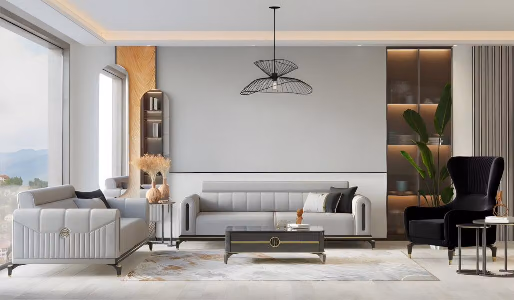 Sofagarnitur Dreisitzer Zweisitzer Sessel Grau Sofa Stoffsofa Luxus