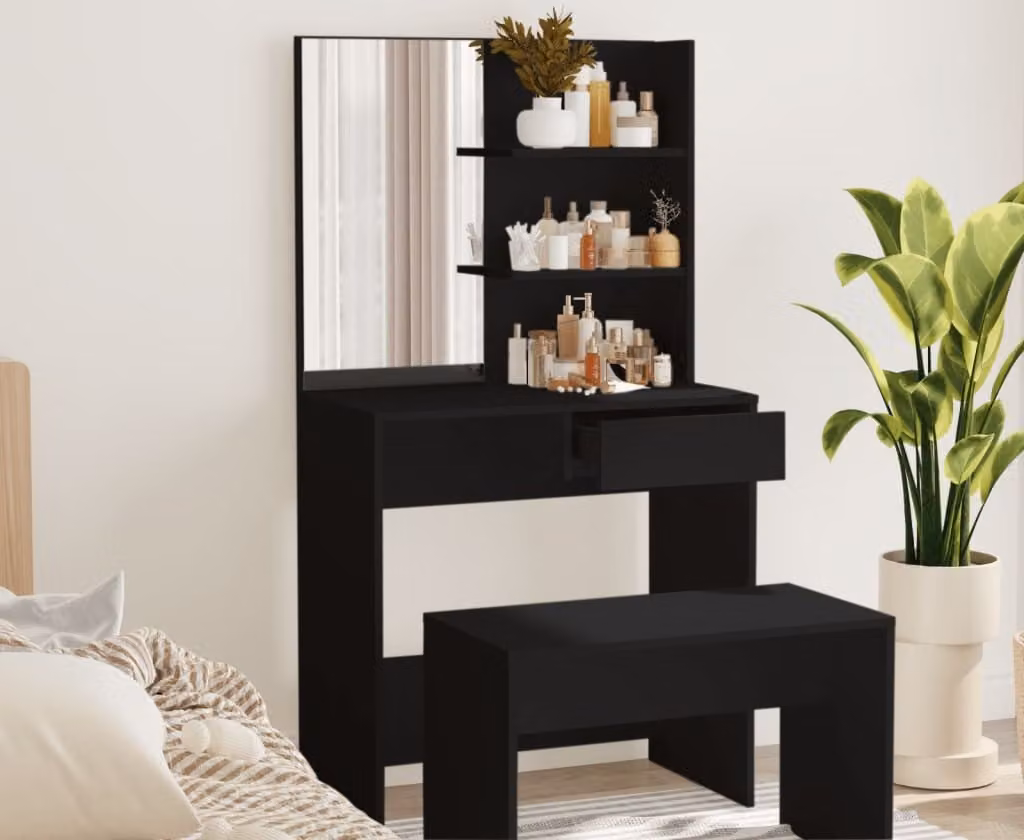The Living Store Comodino con specchio nero 74,5x40x141 cm