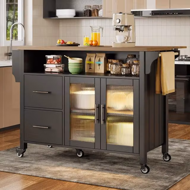 Carrello da cucina moderno REDOM nero con piano ribaltabile e ruote L/P/H: 139 x 40 x 94 cm