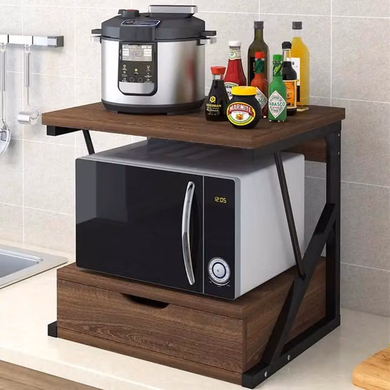 Ripiano per microonde - Scaffale da cucina - Struttura in acciaio - Piano in MDF - Organizer per cassetti - Montaggio semplice - 50 x 30 x 50 cm - Aspetto legno