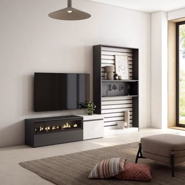 Mobile TV per soggiorno Skraut Home con camino elettrico, Bianco e nero, L: 260 cm, P: 35 cm, H: 186 cm