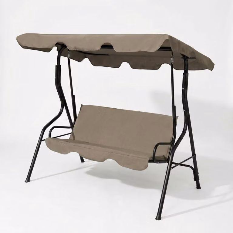 Altalena da giardino a 3 posti, beige scuro - Altalena da giardino compatta in metallo - Resistente alle intemperie - 170x110x153 cm - Comoda altalena da giardino per balconi e terrazze [11492A]