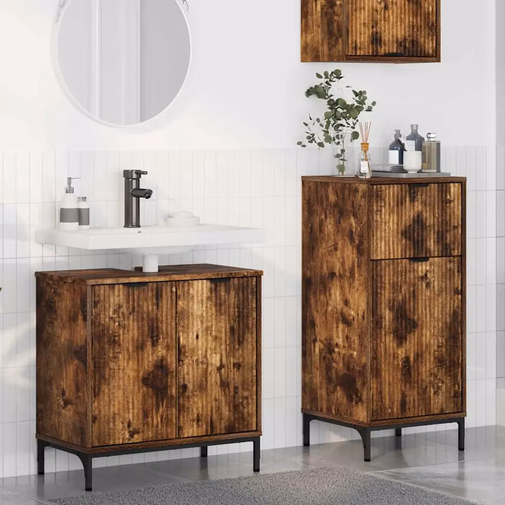 Set di mobili per il bagno vidaXL composto da mobile lavabo e mobile contenitore in legno e metallo, colore marrone opaco – 1