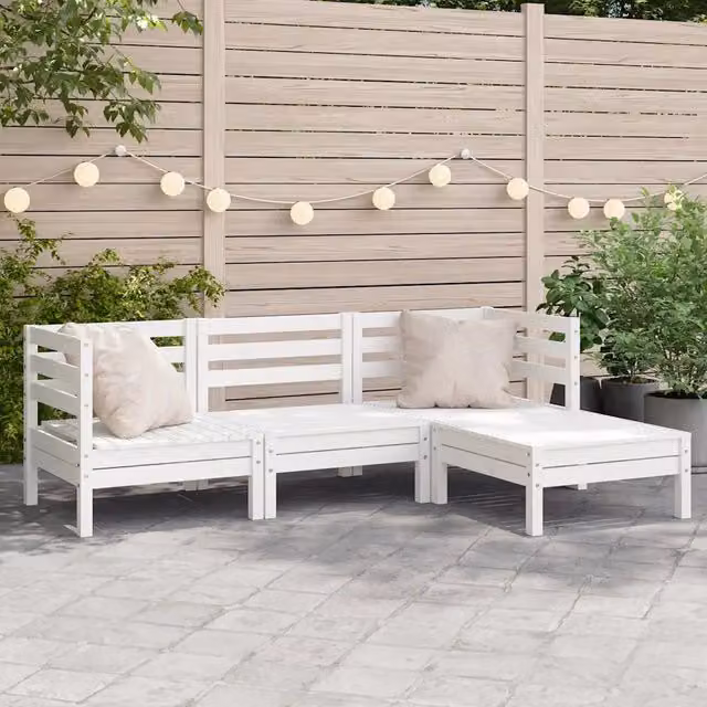 Divano da Giardino 3 Posti con Poggiapiedi-Sofa da Giardino-Divano da esterno Bianco Massello Pino