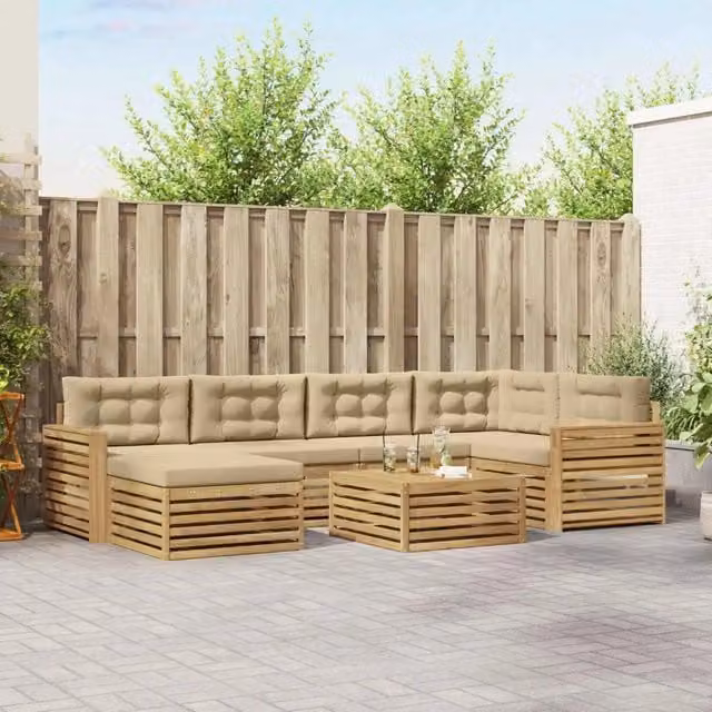 Set di divani da esterno a L vidaXL in legno di acacia con cuscini Bianco e Beige