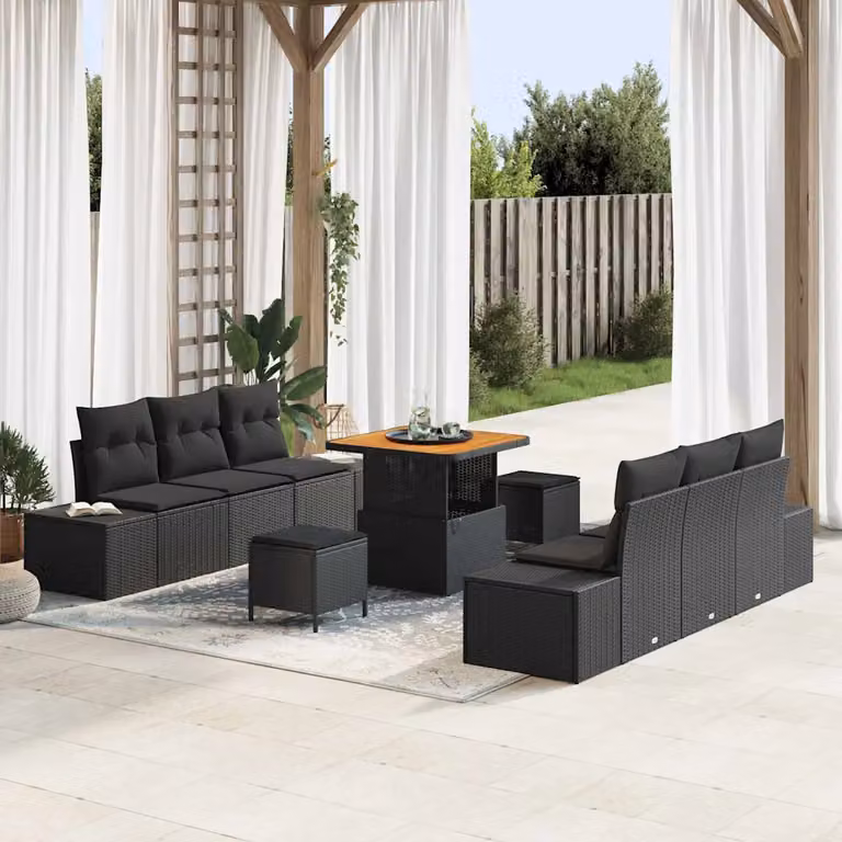 Set Divano da Giardino vidaXL 9 Pezzi in Polyrattan Nero con Cuscini e Tavolino