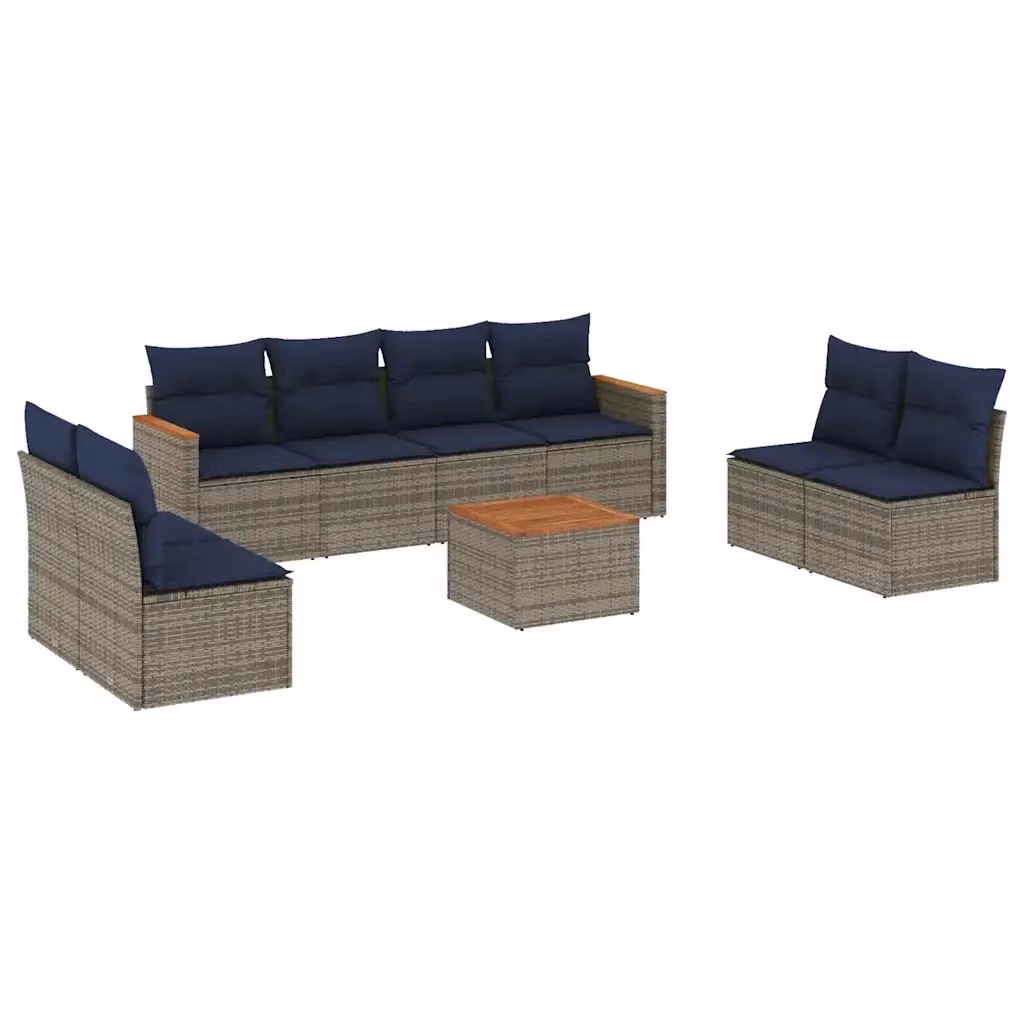 Set di divani da giardino vidaXL a forma di U in polyrattan con cuscini grigi e blu e tavolino da esterno – 2