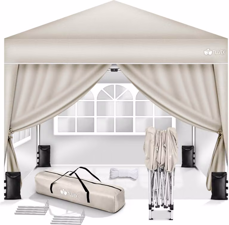 gazebo tillvex 3x3m beige - con 4 pannelli laterali impermeabili | gazebo pop-up pieghevole regolabile in altezza | tenda da giardino protezione UV 50+ | tenda da festa con borsa per giardino