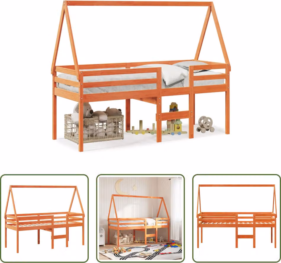 The Living Store Letto a soppalco con tetto a cera marrone 75x190 cm in legno di pino massiccio
