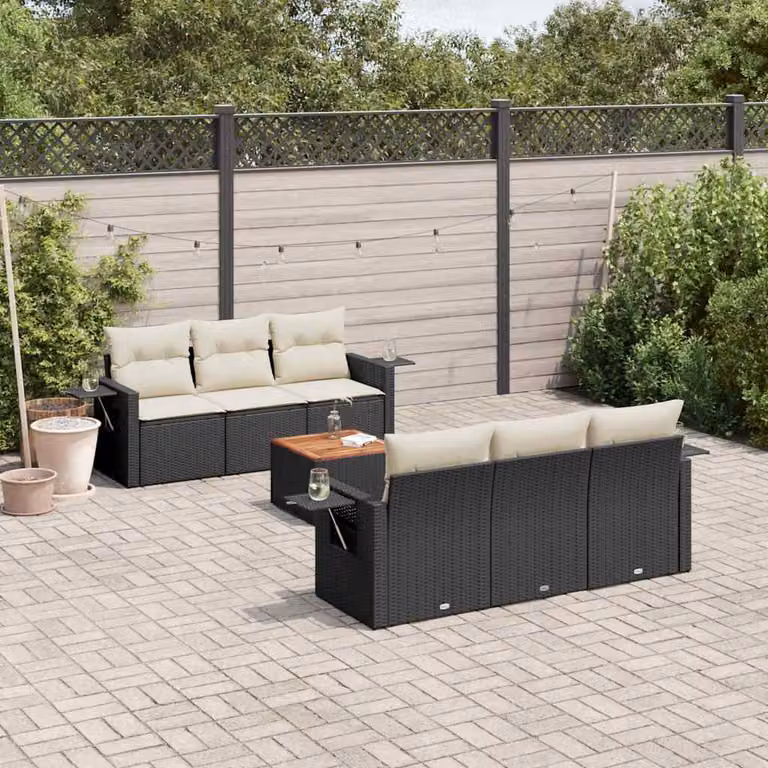 vidaXL Set Divani da Giardino a L con Cuscini 7pz in Polyrattan Nero e Bianco