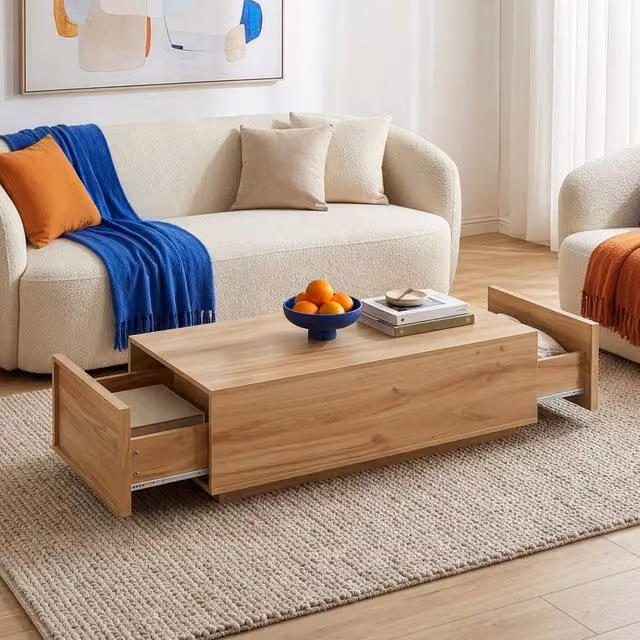 Tavolino da salotto rettangolare Turur con 2 cassetti en.casa, colore marrone effetto rovere, L: 104 cm, P: 50 cm, H: 40 cm