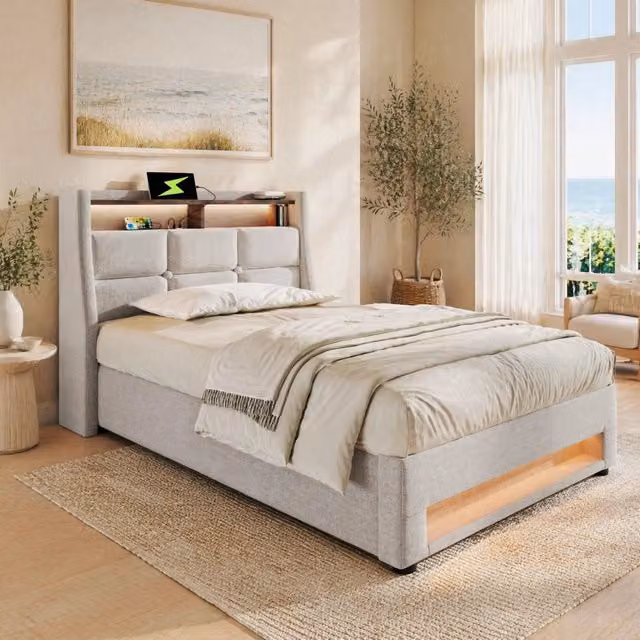 Letto singolo con contenitore 90 × 200 cm con LED e USB testiera imbottita rivestita in tessuto beige chiaro