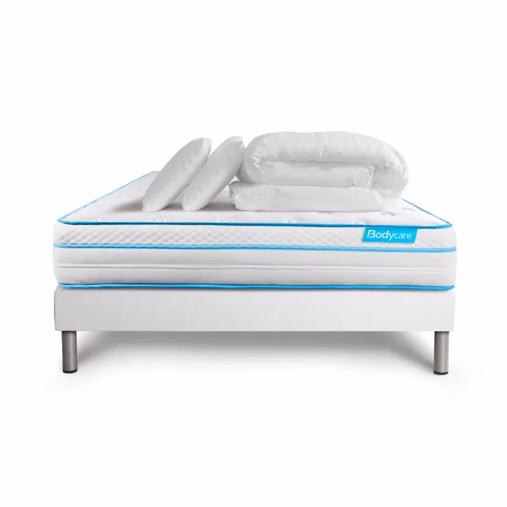 Set letto completo BodyMax con materasso ibrido a molle insacchettate e memory foam, box spring imbottito, doghe, 2 cuscini e piumino, colore bianco, L/P: 180 x 200 cm – 2