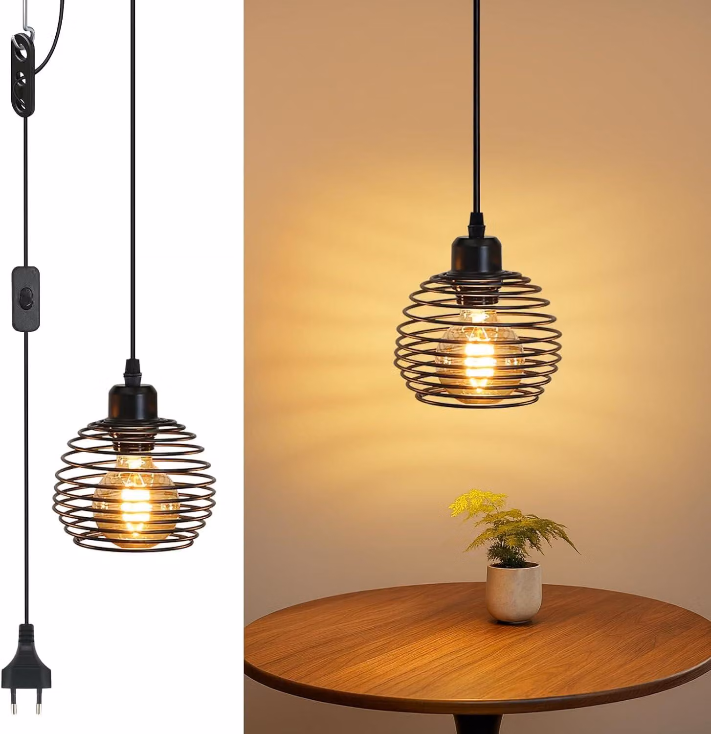 ZMH Lampada a sospensione vintage industriale - Lampada a sospensione nera da tavolo con interruttore e spina E27 Design retrò 1fla. Max.60W luce a sospensione per camera da letto soggiorno cucina ristorante bar
