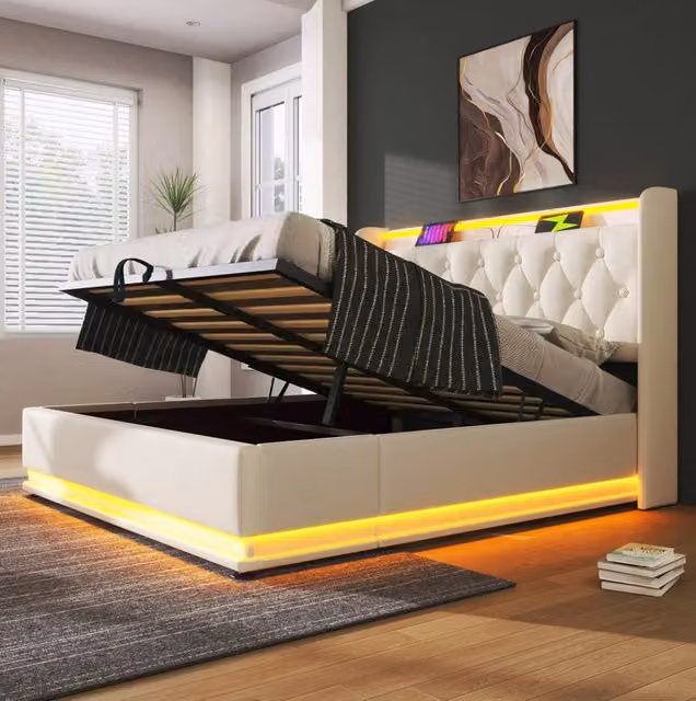 Letto matrimoniale imbottito bianco 160x200 cm con LED 360°, testiera con funzione di ricarica USB Tipo-C, struttura in PU, contenitore idraulico, comprende materasso