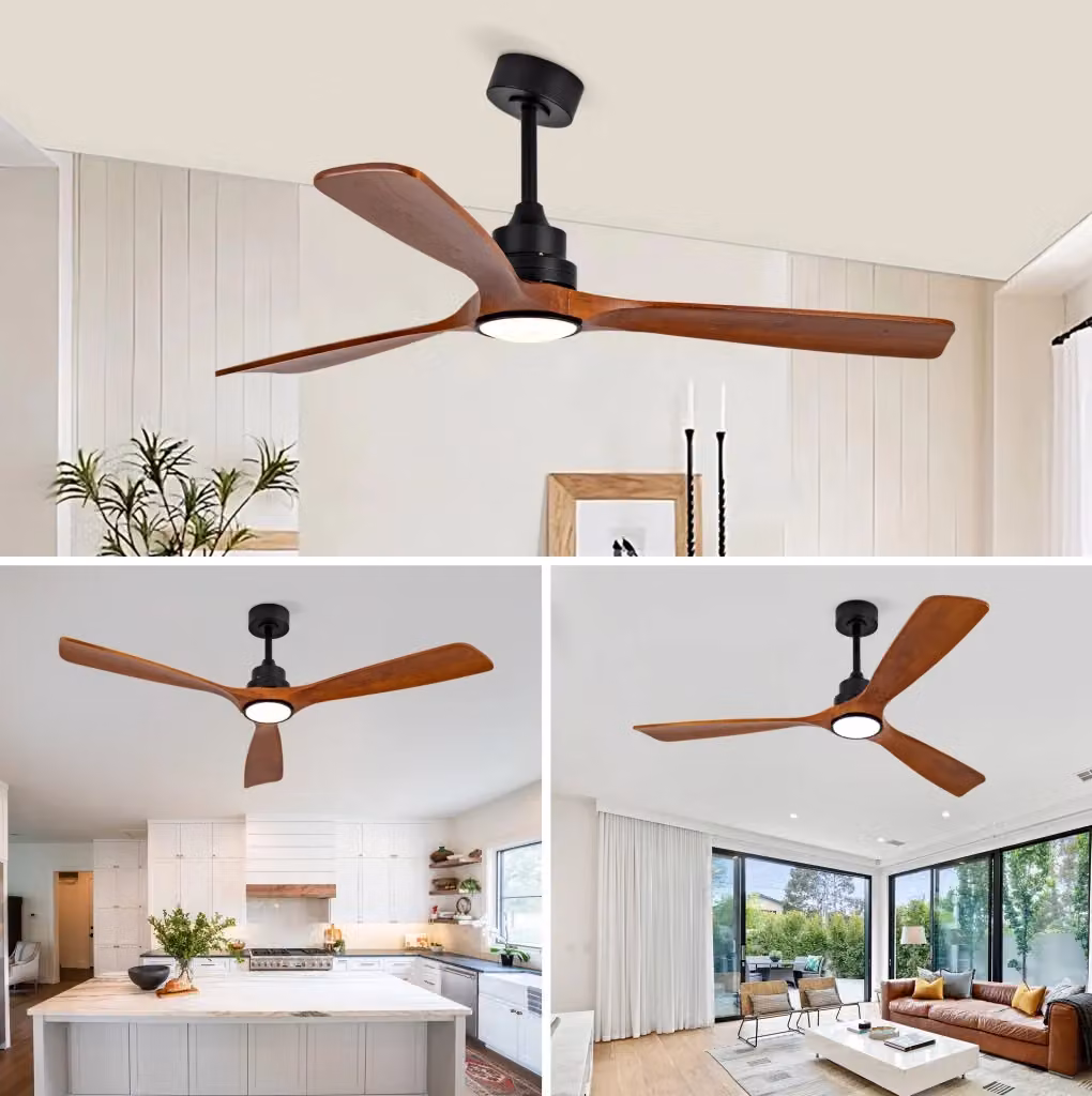Ventilatore da soffitto moderno in metallo e legno con LED dimmerabile e telecomando, colore noce e nero, diametro 152,4 cm – 2