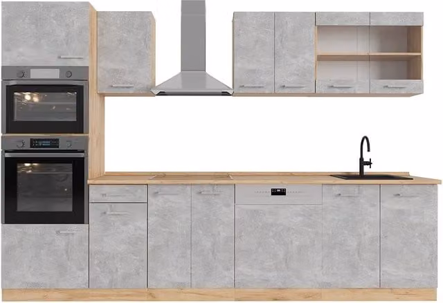 Cucina componibile moderna Vicco R-Line Calcestruzzo e Rovere dorato con armadio alto, L: 300 cm