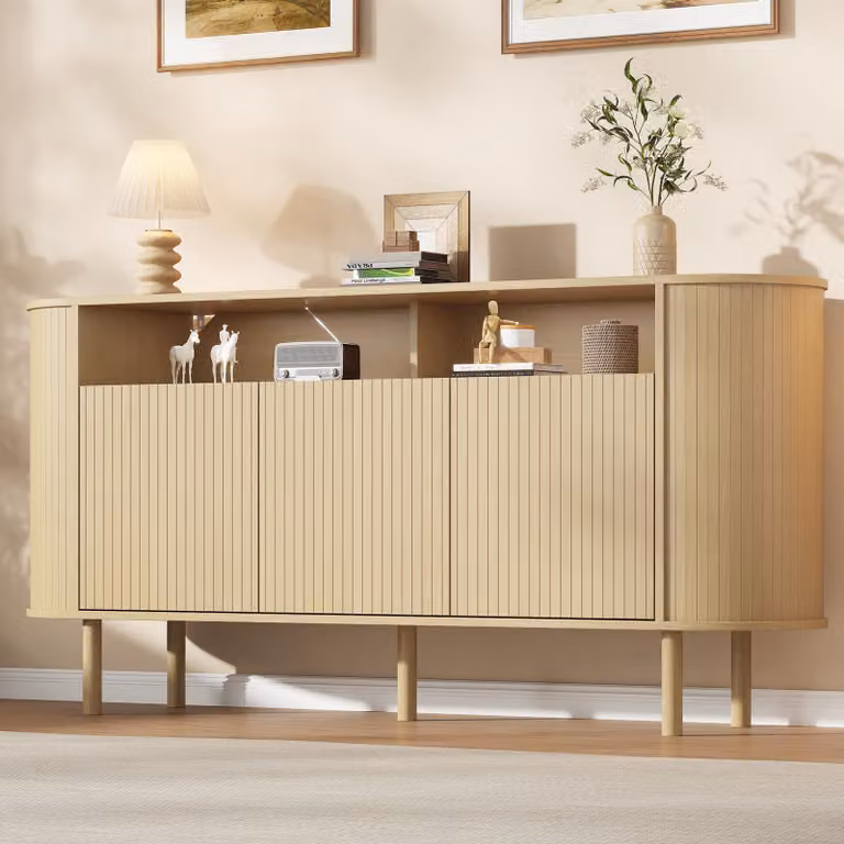 Mobile contenitore Merax con 3 ante a onda e gambe in legno massello, comò con ripiano aperto, armadio contenitore in pannello truciolato, credenza resistente fino a 75 kg, finitura naturale