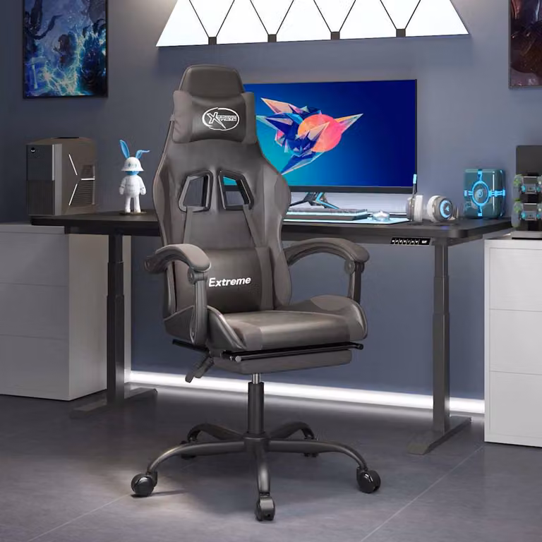 Sedia da Gaming Girevole vidaXL con Poggiapiedi e Riposogalatelli, Rivestimento in Similpelle Nero e Grigio