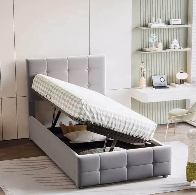 Letto imbottito bambini 90x200 cm; contenitore idraulico; testiera regolabile; velluto grigio (Senza materasso)