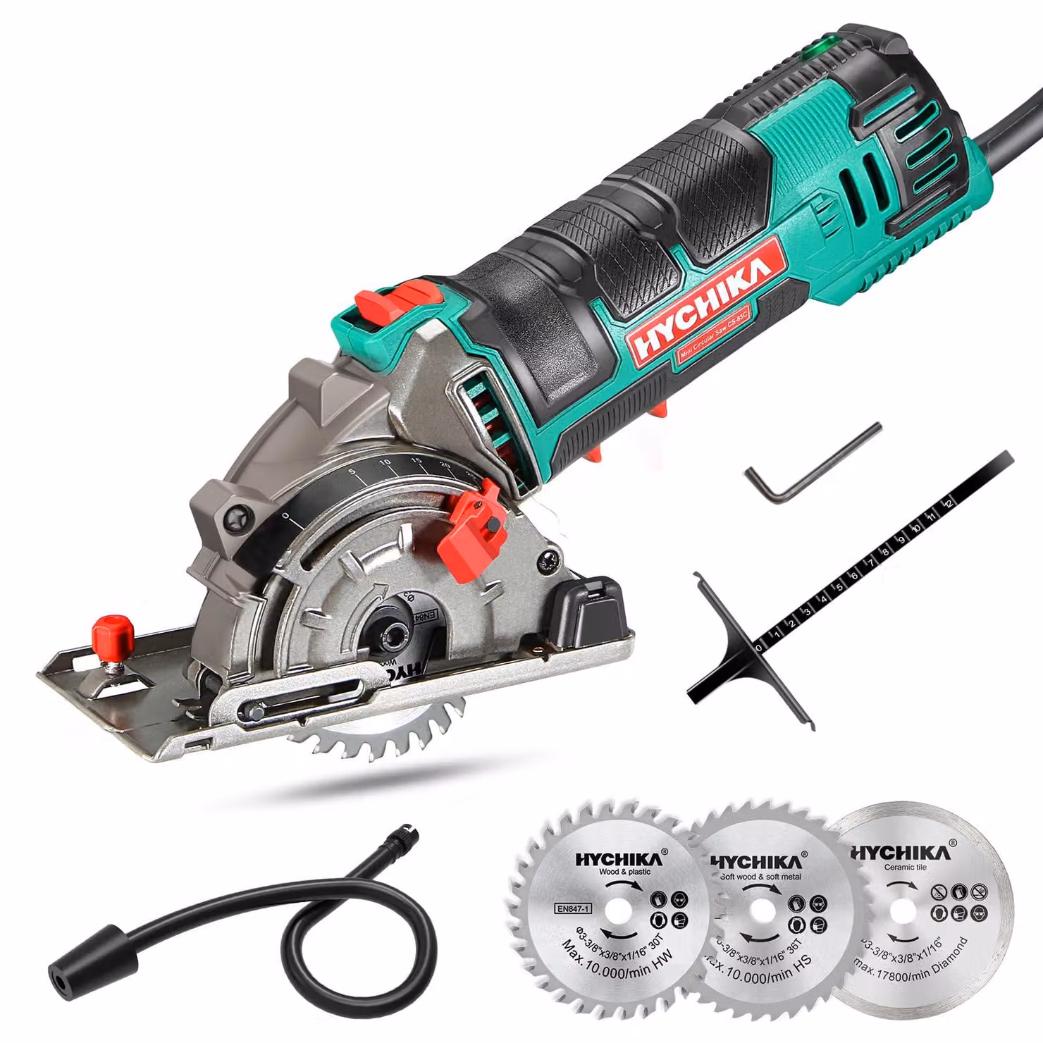 HYCHIKA Sega circolare portatile Mini scala righello Motore in rame 4500 giri/min Legno Metallo morbido Piastrelle Plastica Tagli precisi