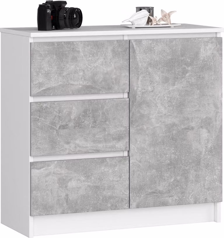 Cassettiera AKORD JERRY Bianco 80 cm Anta 3 cassetti 2 livelli Frontale Cementato L80 x H77 x P35 cm