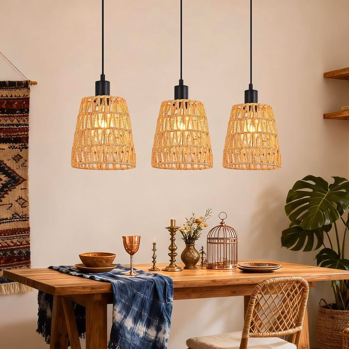 ZMH lampada a sospensione boho luce a sospensione rattan 3 fiamma tavolo da pranzo lampada a sospensione retrò intrecciata paralume corda di canapa E27 lampada a sospensione senza lampadina