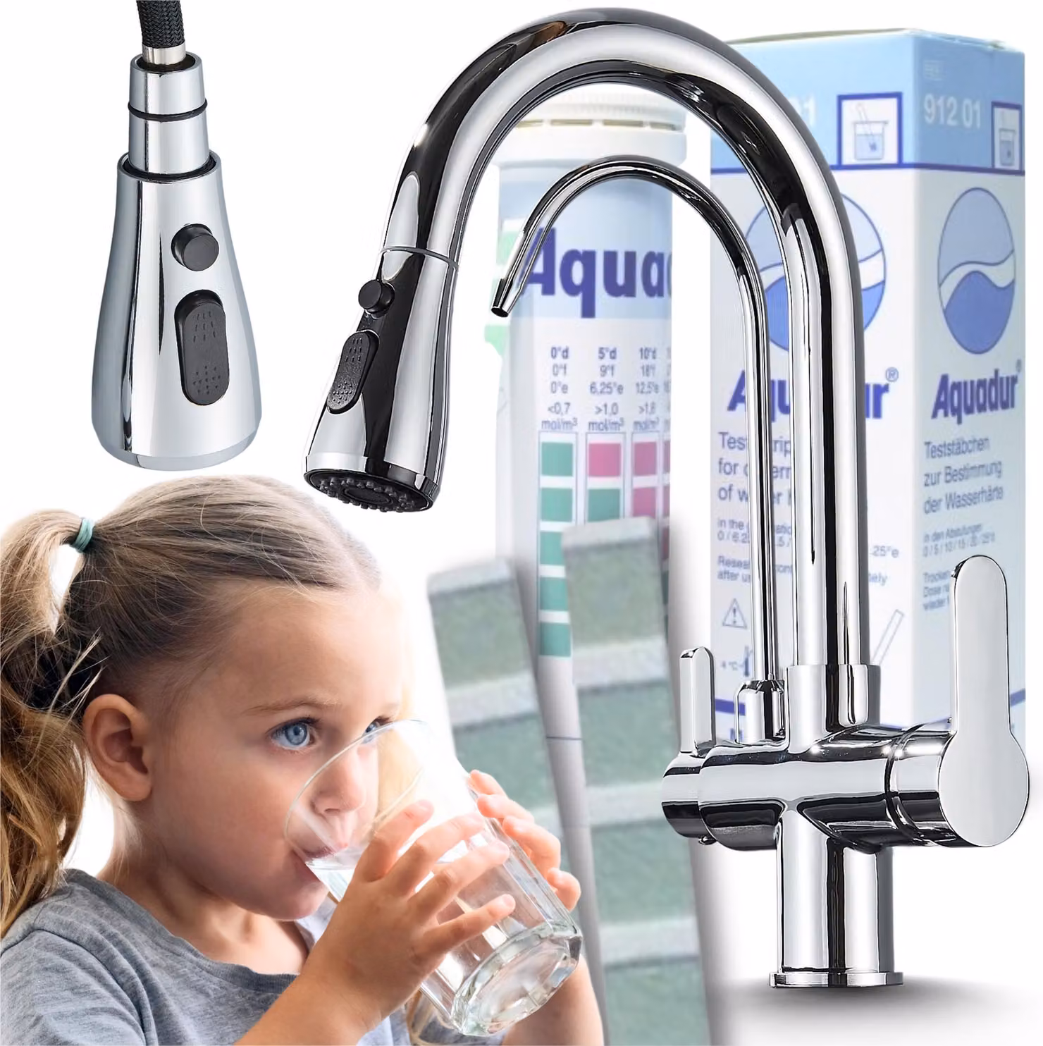 Rubinetto da cucina a 3 vie Ari Nordic con doccetta estraibile, beccuccio girevole 360, per filtro acqua, cromato