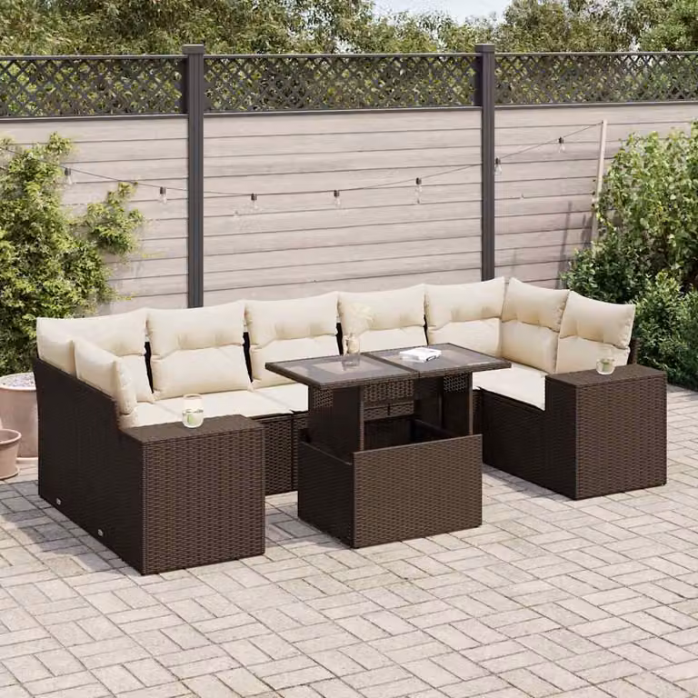 Set di divani da giardino vidaXL da 8 posti con cuscini in polyrattan e metallo colore marrone e bianco per esterno e terrazza