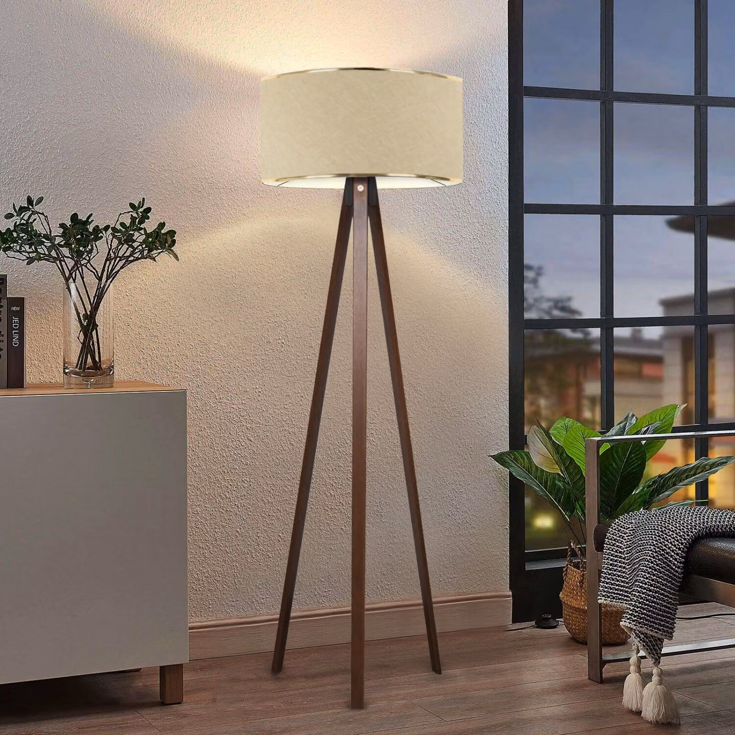 Opviq, lampada da terra di alta qualità realizzata al 100% in legno, beige, altezza 140 cm | Paralume in tessuto (21 x 38 cm), attacco E27, max. 40 W | Design scandinavo per interni moderni.