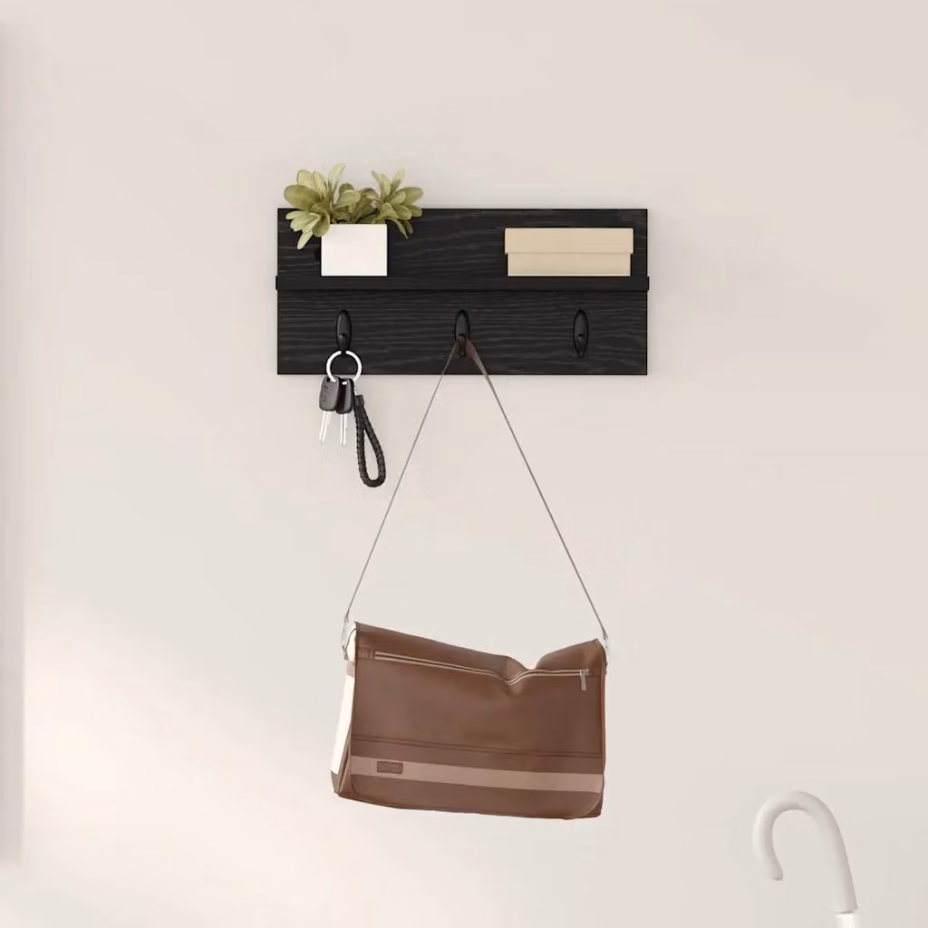 Appendiabiti a muro moderno vidaXL in legno nero con ganci, L 40 cm x P 10,5 cm x H 18 cm
