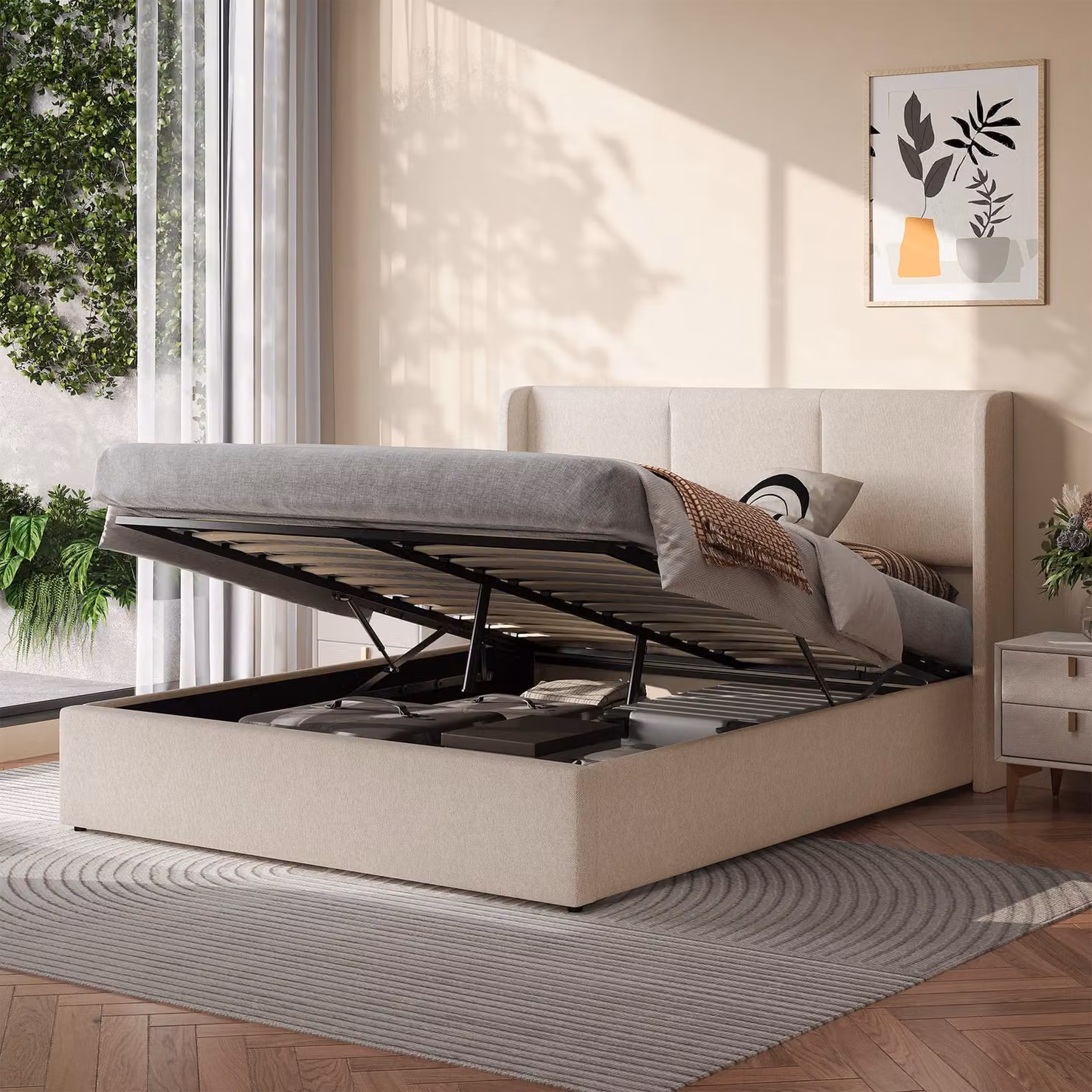 Letto imbottito REMZETTA, 160 x 200 cm, per adulti, letto matrimoniale con contenitore, meccanismo di sollevamento idraulico, rete a doghe, testiera imbottita, color beige