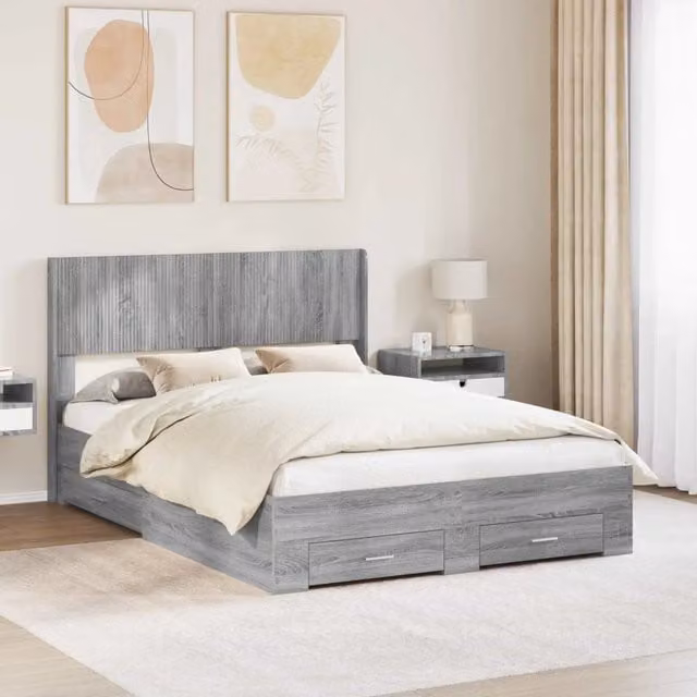 Letto da camera | Struttura del letto con stoccaggio e testata Sonoma grigio