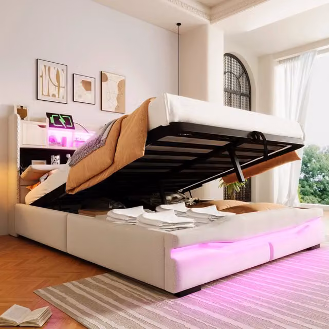 Letto contenitore 140 x 200 cm con USB-C, LED sotto il letto, con testiera di contenitore e contenitore idraulico, tessuto in lino beige