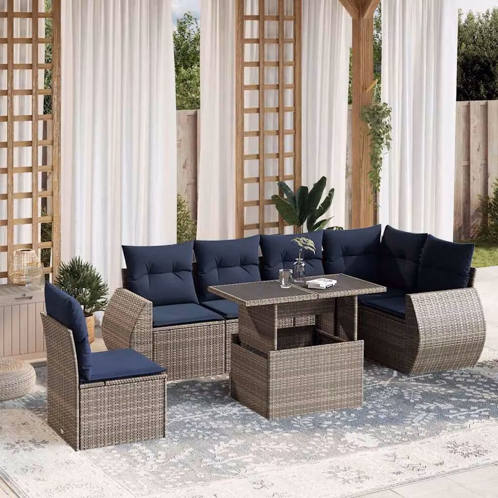 Set da giardino vidaXL in polyrattan grigio composto da 7 pezzi con cuscini inclusi