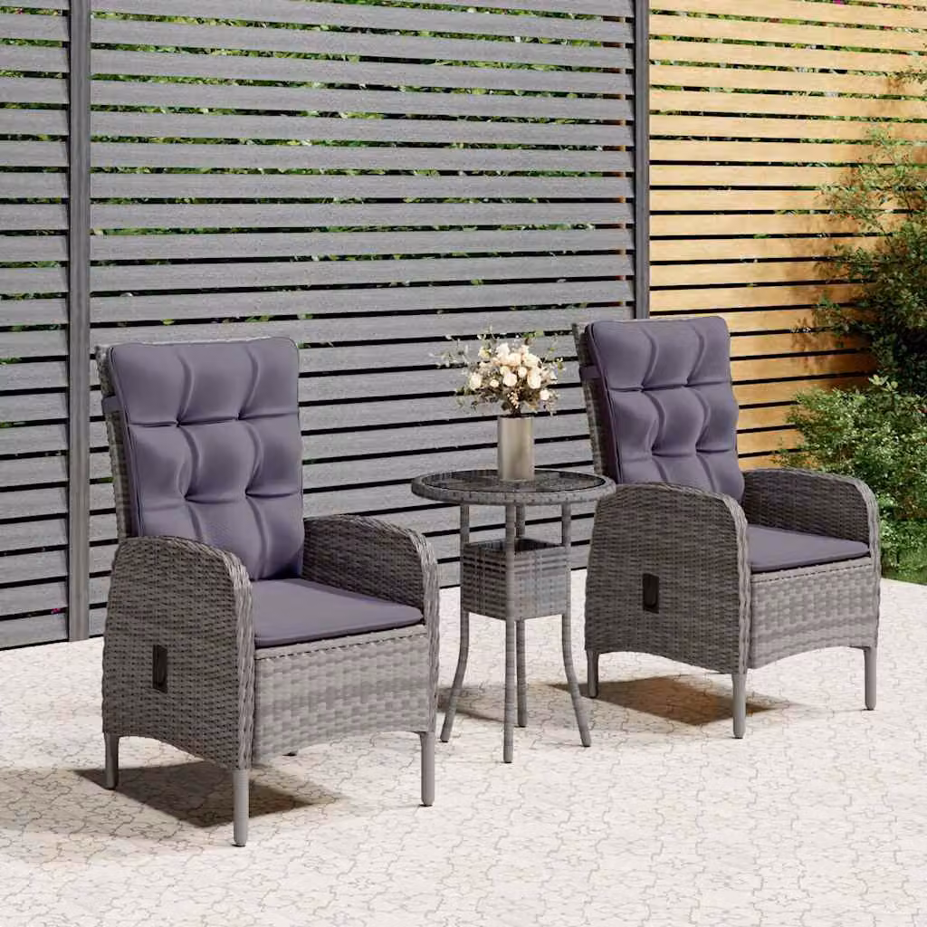 Set da Bistrot per Giardino 3 pz vidaXL in Polyrattan Grigio con Piano in Vetro – 1