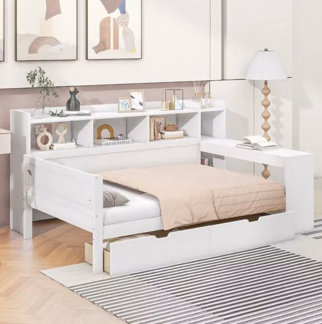 Letto singolo 90x200 cm con scrivania; 2 cassetti; presa di ricarica e USB; bianco