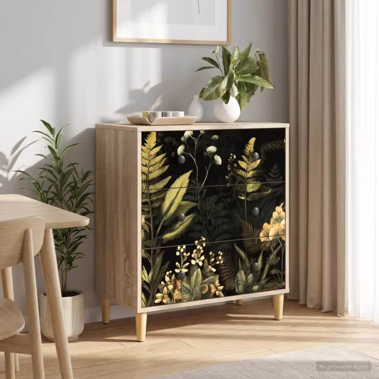 Cassettiera vidaXL RHENEN con stampa tropicale floreale, colore marrone multicolore, L: 66 cm, P: 36,5 cm, H: 75 cm