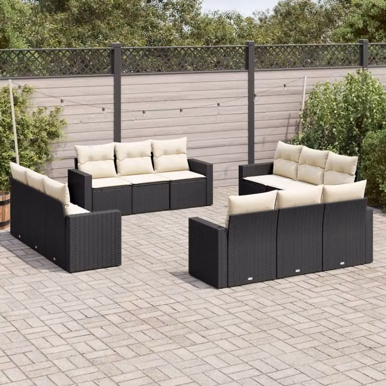 Set di divani da giardino vidaXL in polyrattan nero con cuscini, composizione a forma di U per esterno