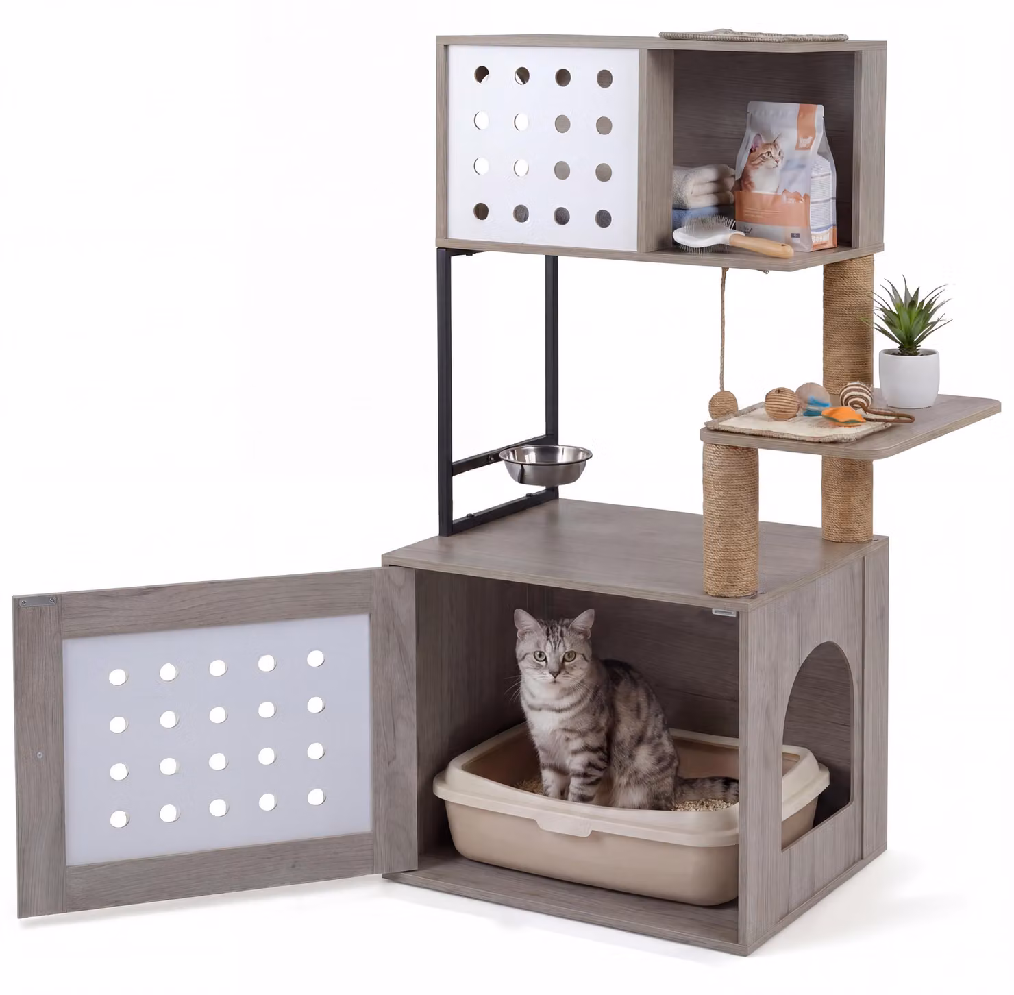 Albero per gatti KOMFOTTEU con armadietto per la lettiera, albero per gatti stabile con piattaforma per il cibo, 3 pali in sisal per graffiare e 2 superfici per graffiare, albero per gatti in legno, struttura per attività per gatti, accessori per gatti da