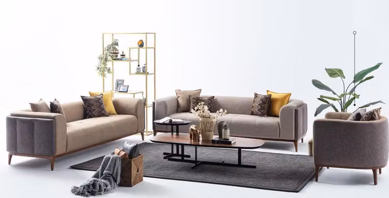 Garnitur Dreisitzer Viersitzer Sessel Sofa Stoff Beige Stoffsofa Set 4+3+1