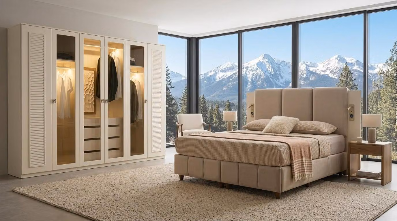 Arredamento esclusivo per camera da letto: letto matrimoniale di design, armadio in legno