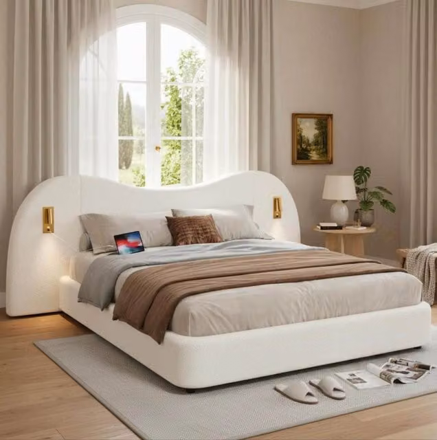 Letto 180x200 cm con contenitore idraulico, rete a doghe, USB e luci da lettura in boucl¨¦ bianco